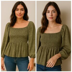 HAYDEN LA Green Micro Floral Smocked Long Sleeve Peplum Blouse L